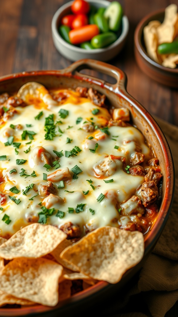 A delicious three cheese steak dip with melted cheese, served with tortilla chips in a rustic setting.
